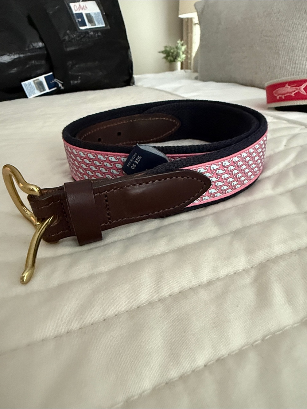 Vineyard Vines Pink Whale-Patterned Web Belt with Brown Leather Trim